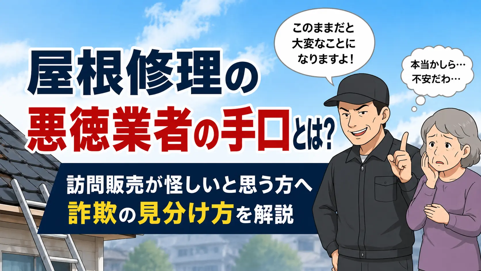 @画像を作成する 屋根修理の悪徳業者の手口とは？訪問販売が怪しいと思う方へ詐欺の見分け方を解説